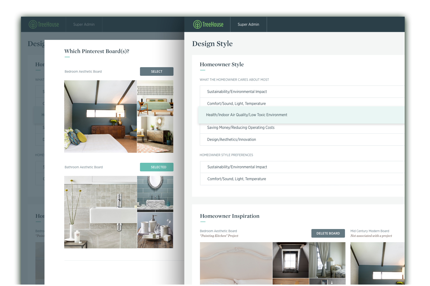 two overlapping interface screenshots of a Treehouse branded desktop and tablet interface.